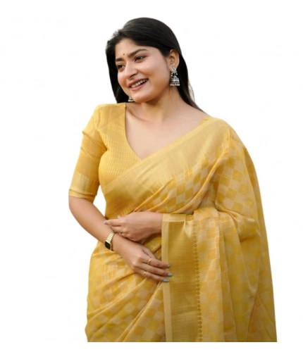 Generic Women's Silk_Blend Checked Saree With Unstitched Blouse 5.5Mtr (Yellow)