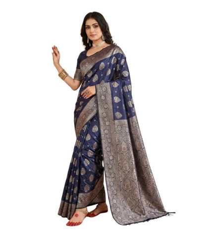 Generic Women's Silk Blend Printed Saree With Unstitched Blouse 5.5Mtr (Navy Blue)