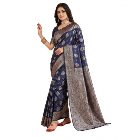 Generic Women's Silk Blend Printed Saree With Unstitched Blouse 5.5Mtr (Navy Blue)