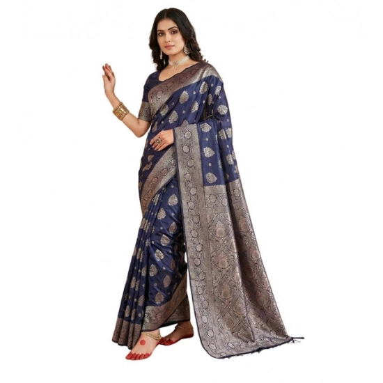 Generic Women's Silk Blend Printed Saree With Unstitched Blouse 5.5Mtr (Navy Blue)