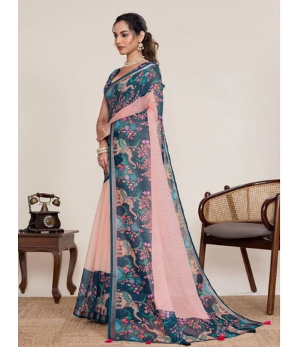 Generic Women's Linen Floral Printed Saree With Unstitched Blouse 5.5Mtr (Peach Pink)