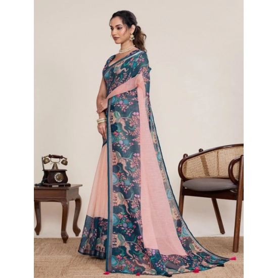 Generic Women's Linen Floral Printed Saree With Unstitched Blouse 5.5Mtr (Peach Pink) Generic Women's Linen Floral Printed Saree With Unstitched Blouse 5.5Mtr (Peach Pink)