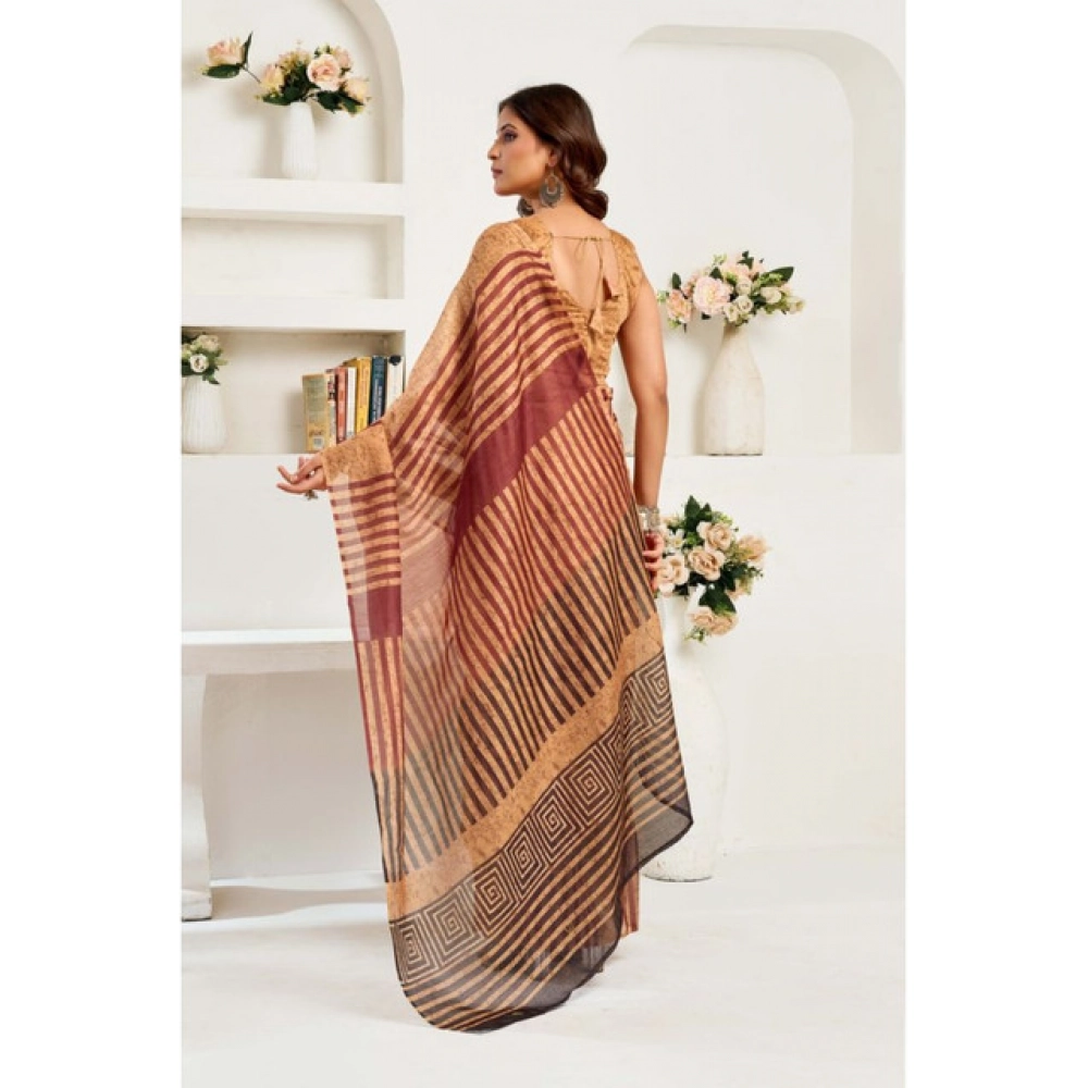Generic Women's Linen Cotton Printed Ready To Wear Saree With Unstitched Blouse 5.5 Mtr (Brown)