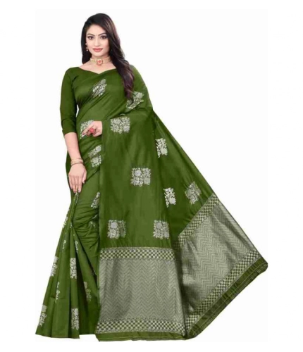 Generic Women's Soft Lichi Silk Printed Saree With Unstitched Blouse 5.5Mtr (Green)
