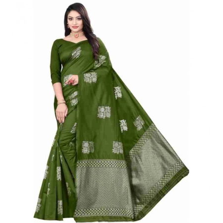 Generic Women's Soft Lichi Silk Printed Saree With Unstitched Blouse 5.5Mtr (Green)