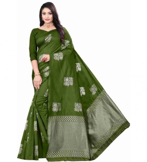Generic Women's Soft Lichi Silk Printed Saree With Unstitched Blouse 5.5Mtr (Green)