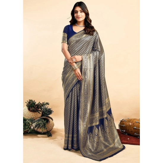 Generic Women's Jacquard Printed Saree With Unstitched Blouse 5.5Mtr (Navy Blue)
