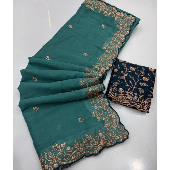 Generic Women's Star Georgette Embroidered Saree With Unstitched Blouse 5.5Mtr (Sea Green)