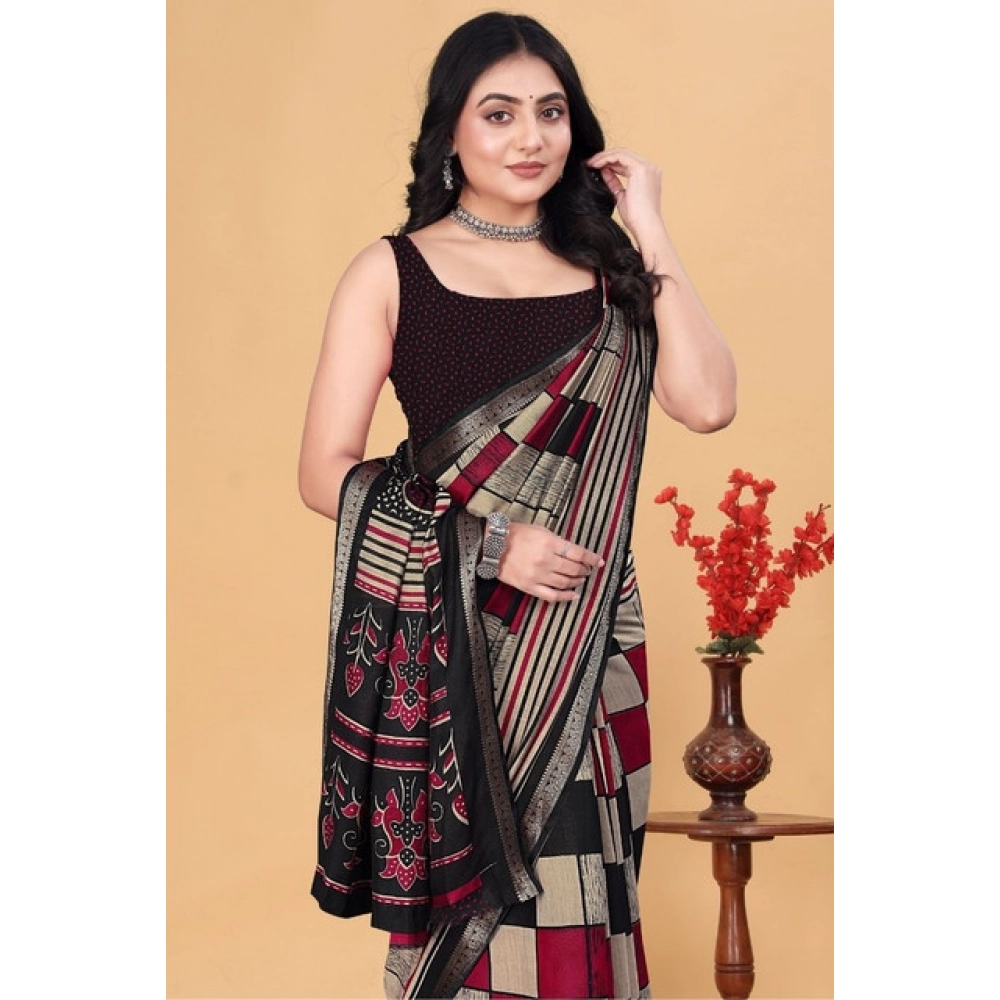 Women’s Dupion Silk Block Printed Saree With Unstitched Blouse 5.5Mtr (Multicolor)