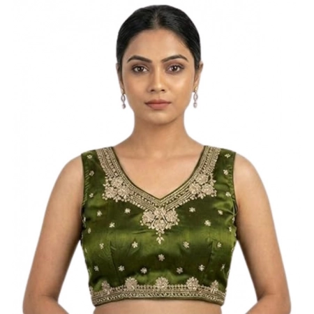 Generic Women's Silk Embroidered V-Neck Sleeveless Readymade Padded Blouse (Mahendi, Size 38) Generic Women's Silk Embroidered V-Neck Sleeveless Readymade Padded Blouse (Mahendi, Size 38)