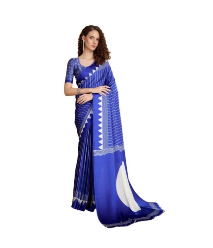 Generic Women's Satin Crepe Printed Saree With Unstitched Blouse 5.5Mtr (Navy Blue)