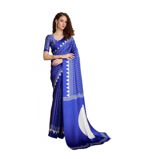 Generic Women's Satin Crepe Printed Saree With Unstitched Blouse 5.5Mtr (Navy Blue)