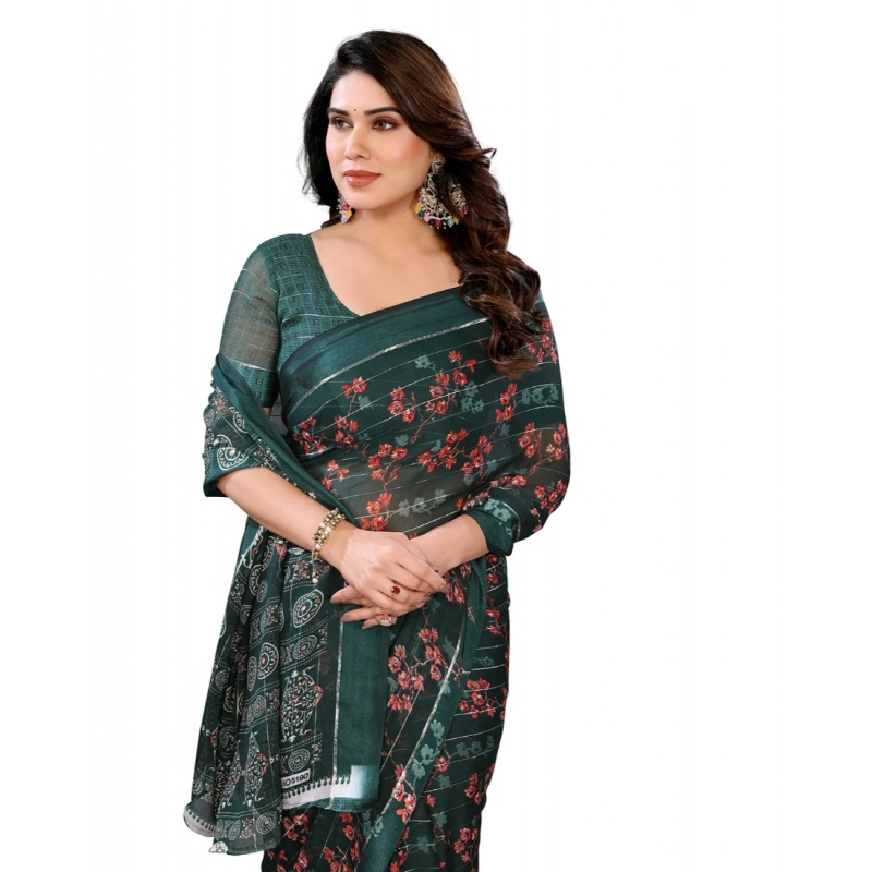 Women's Georgette Printed Saree With Unstitched Blouse 5.5Mtr (Green)