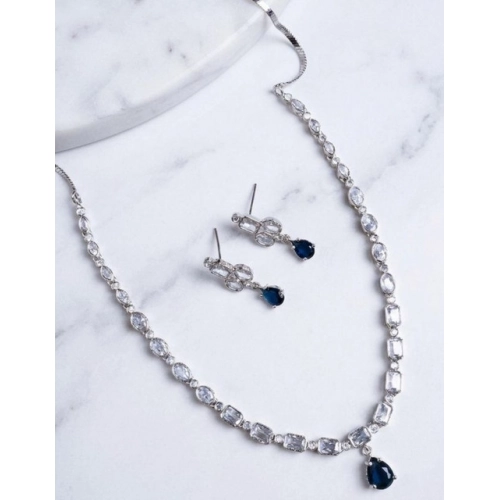 Generic Women's Brass Silver Plated Necklace set (Blue)