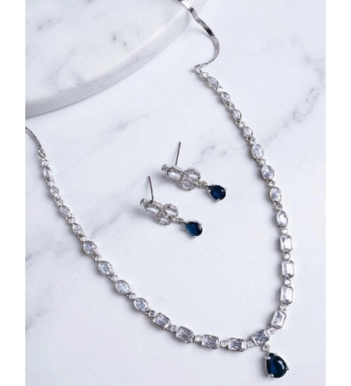 Generic Women's Brass Silver Plated Necklace set (Blue)