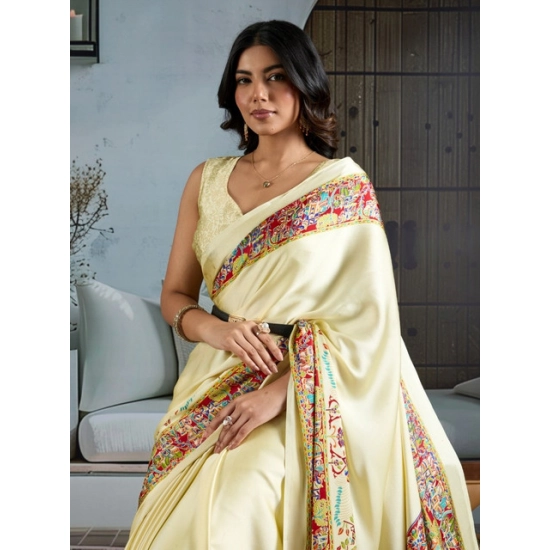 Generic Women's Satin Crepe Printed Saree With Unstitched Blouse 5.5Mtr (Cream)