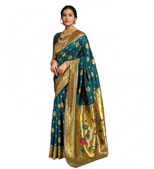 Generic Women's Silk Blend Paithani Saree With Unstitched Blouse 5.5Mtr (Teal)