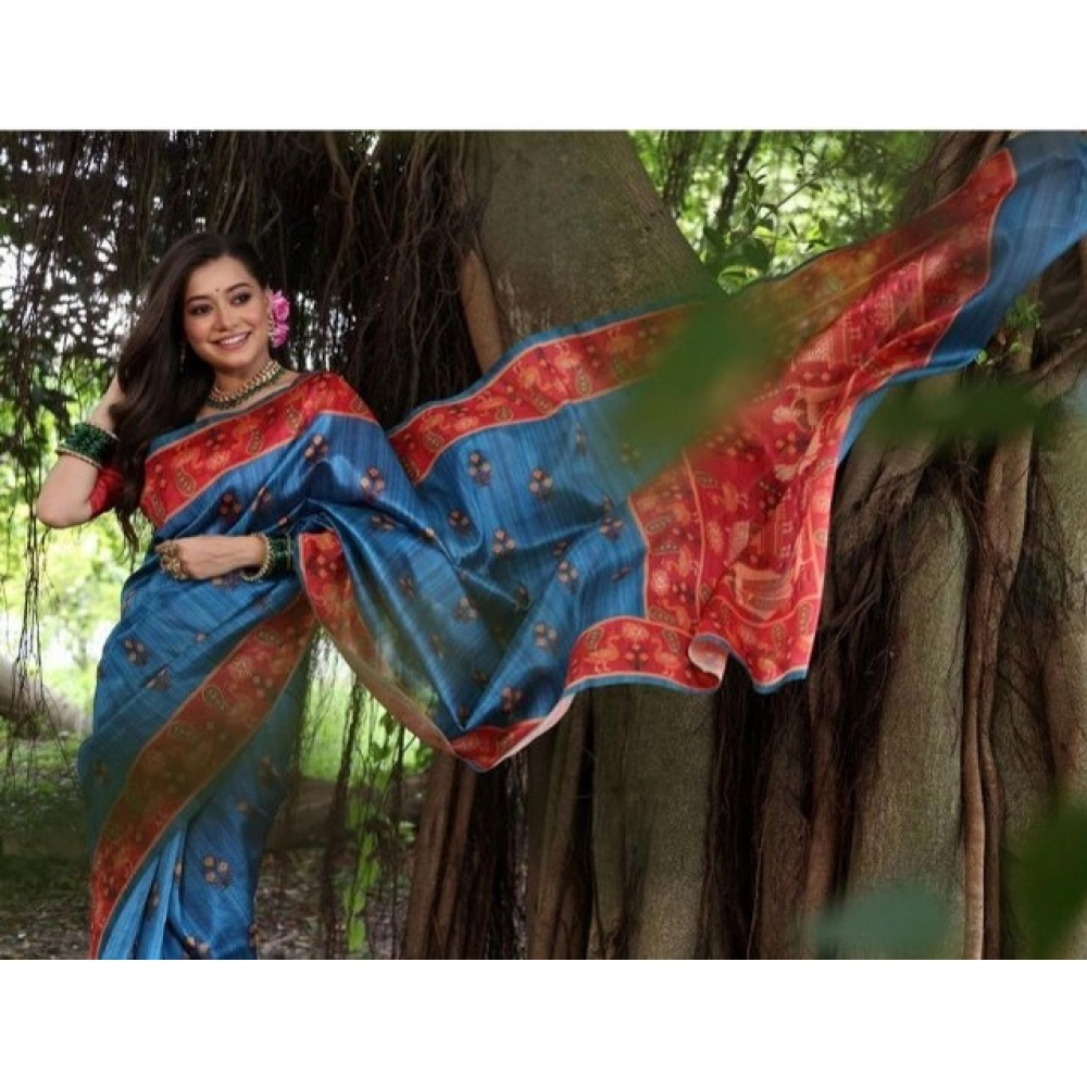 Generic Women's Faux_Tussar_Silk Printed Saree With Unstitched Blouse 5.5Mtr (Blue)