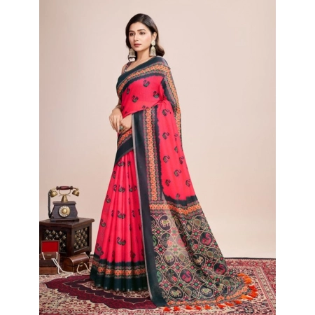Generic Women's Semi Cotton Digital Print Saree With Unstitched Blouse 5.5Mtr (Red)