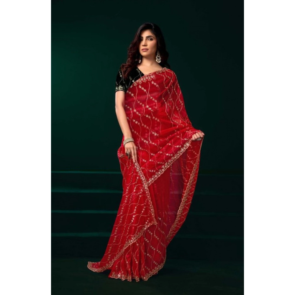 Generic Women's Net Sequence Saree With Unstitched Blouse 5.5Mtr (Red)