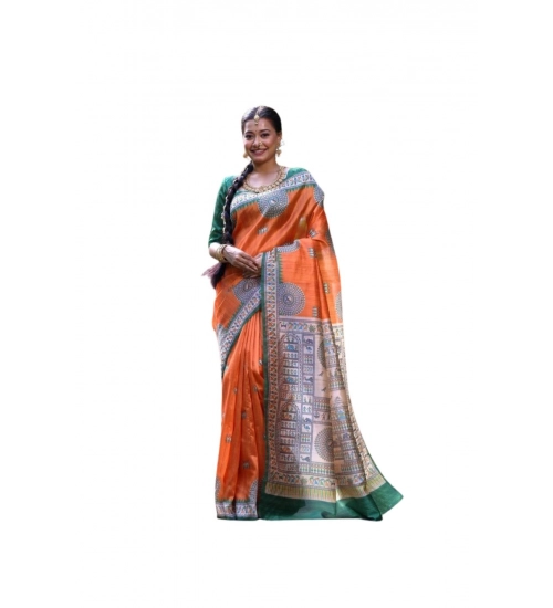 Generic Women's Faux_Tussar_Silk Printed Saree With Unstitched Blouse 5.5Mtr (Orange)