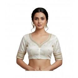 Generic Women's Vichitra Silk V Neck Padded Blouse (White, 38 Ready Size (Self-Alterable 36–40)