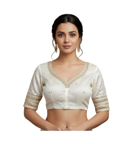 Generic Women's Vichitra Silk V Neck Padded Blouse (White, 38 Ready Size (Self-Alterable 36–40)
