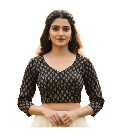 Generic Women's Ajrakh Cotton Halter Neck Padded Blouse (Black, 38 Ready Size (Self-Alterable 36–40)