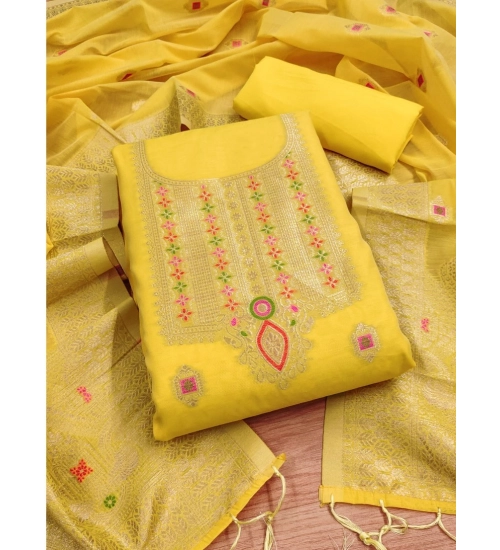Generic Women's Banarasi Silk Printed Unstitched Salwar Suit Material With Dupatta (Yellow, 3Mtrs)