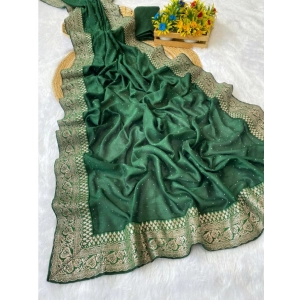 Generic Women's Silk Embroidred Saree With Unstitched Blouse 5.5Mtr (Dark Green)
