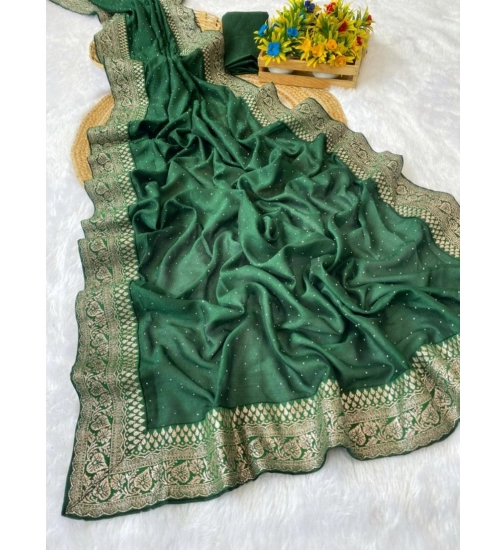 Generic Women's Silk Embroidred Saree With Unstitched Blouse 5.5Mtr (Dark Green)