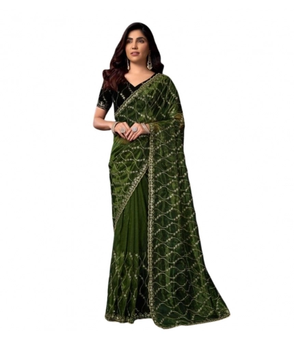 Generic Women's Net Sequence Saree With Unstitched Blouse 5.5Mtr (Light Green)