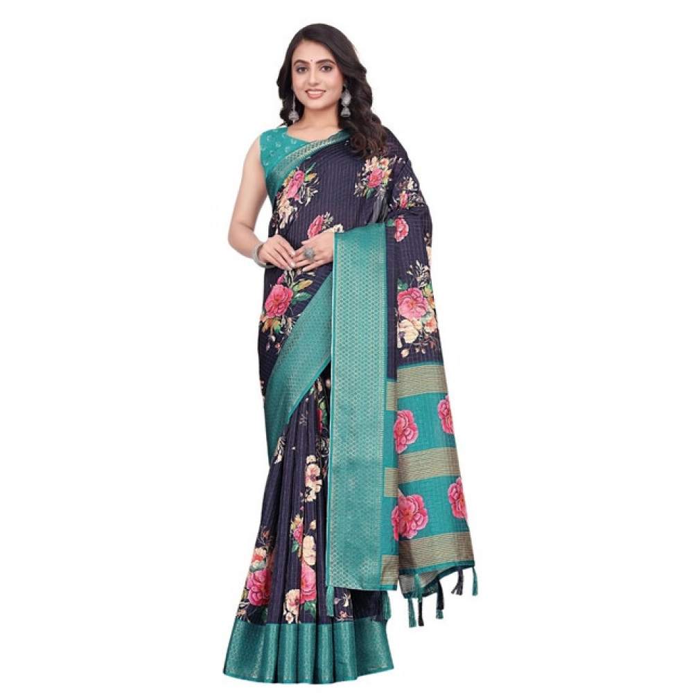 Women's Cotton Blend Floral Printed Saree With Unstitched Blouse 5.5Mtr (Navy Blue)