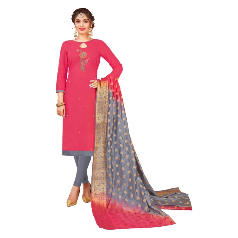 Women's South Slub Cotton Unstitched Salwar-Suit Material With Dupatta (Pink, 2-2.5mtrs) Women's South Slub Cotton Unstitched Salwar-Suit Material With Dupatta (Pink, 2-2.5mtrs)