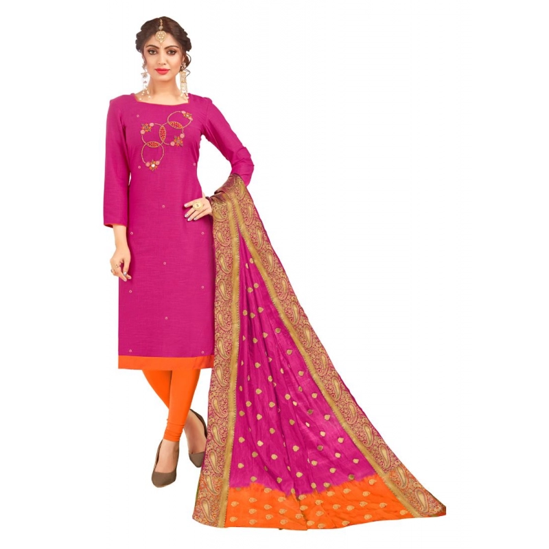 Women's South Slub Cotton Unstitched Salwar-Suit Material With Dupatta (Magenta, 2-2.5mtrs) Women's South Slub Cotton Unstitched Salwar-Suit Material With Dupatta (Magenta, 2-2.5mtrs)