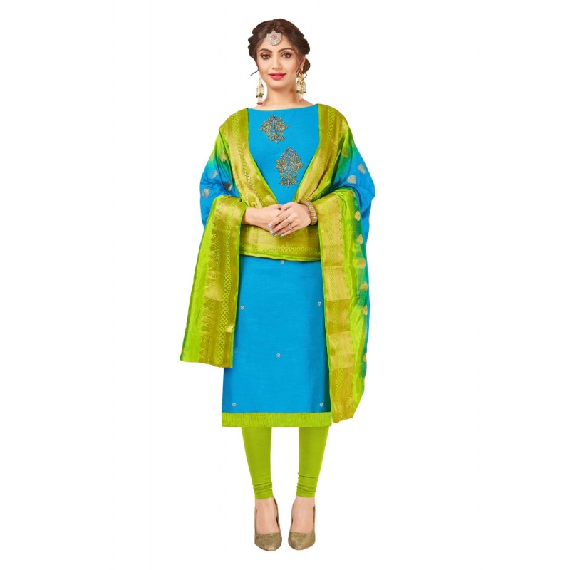 Women's South Slub Cotton Unstitched Salwar-Suit Material With Dupatta (Sky Blue, 2-2.5mtrs) Women's South Slub Cotton Unstitched Salwar-Suit Material With Dupatta (Sky Blue, 2-2.5mtrs)