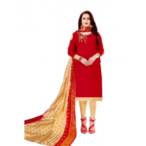 Generic Women's Slub Cotton Unstitched Salwar-Suit Material With Dupatta (Red, 2-2.5mtrs)