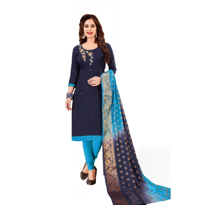 Women's Slub Cotton Unstitched Salwar-Suit Material With Dupatta (Navy Blue, 2-2.5mtrs) Women's Slub Cotton Unstitched Salwar-Suit Material With Dupatta (Navy Blue, 2-2.5mtrs)