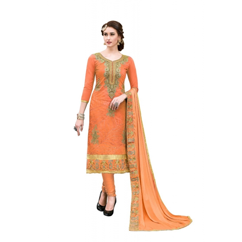 Women's Chanderi Cotton Unstitched Salwar-Suit Material With Dupatta (Oranage, 2-2.5mtrs) Women's Chanderi Cotton Unstitched Salwar-Suit Material With Dupatta (Oranage, 2-2.5mtrs)