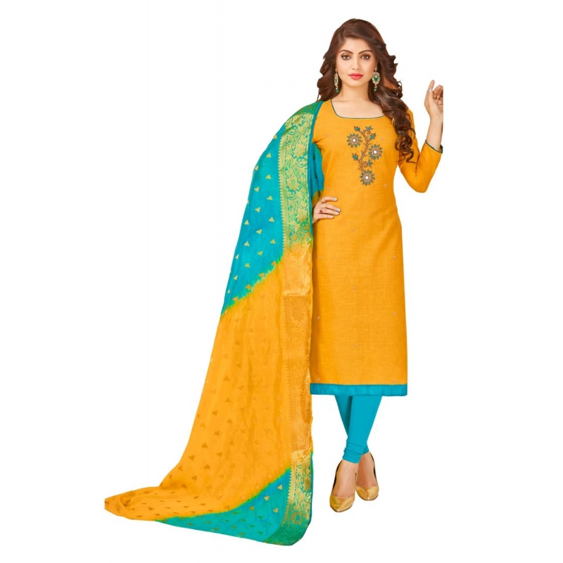 Women's South Slub Cotton Unstitched Salwar-Suit Material With Dupatta (Yellow, 2-2.5mtrs) Women's South Slub Cotton Unstitched Salwar-Suit Material With Dupatta (Yellow, 2-2.5mtrs)