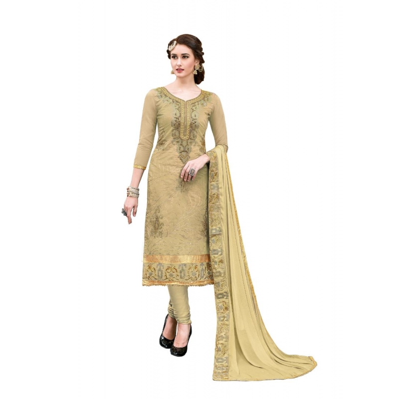 Women's Chanderi Cotton Unstitched Salwar-Suit Material With Dupatta (Beige, 2.20 Mtr)