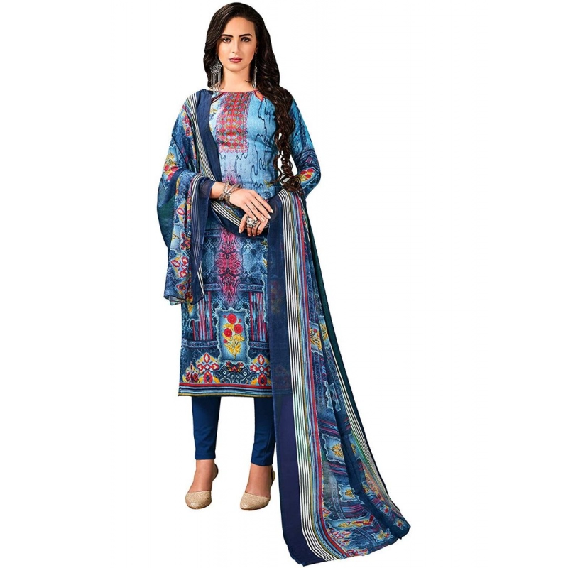 Women's Cotton Unstitched Salwar-Suit Material With Dupatta (Blue, 2.5 Mtr) Women's Cotton Unstitched Salwar-Suit Material With Dupatta (Blue, 2.5 Mtr)