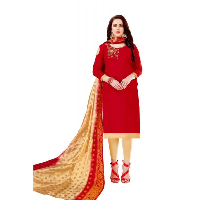 Women's Slub Cotton Unstitched Salwar-Suit Material With Dupatta (Red, 2 Mtr) Women's Slub Cotton Unstitched Salwar-Suit Material With Dupatta (Red, 2 Mtr)
