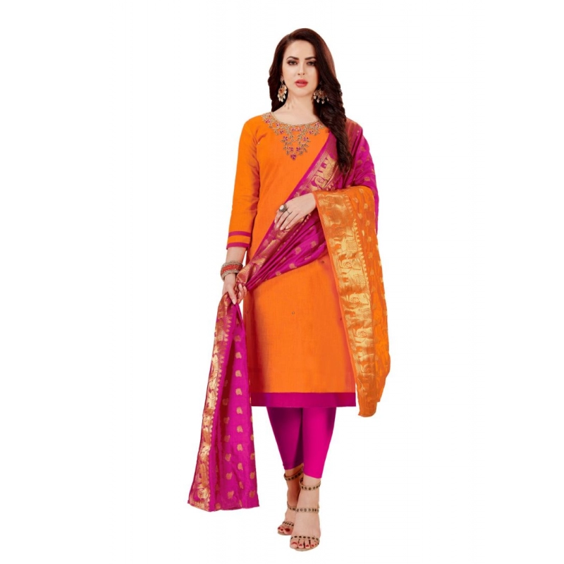 Women's Slub Cotton Unstitched Salwar-Suit Material With Dupatta (Orange, 2 Mtr) Women's Slub Cotton Unstitched Salwar-Suit Material With Dupatta (Orange, 2 Mtr)
