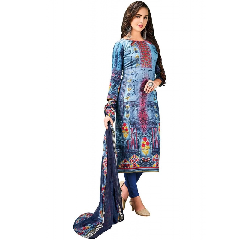 Women's Cotton Unstitched Salwar-Suit Material With Dupatta (Blue, 2.5 Mtr) Women's Cotton Unstitched Salwar-Suit Material With Dupatta (Blue, 2.5 Mtr)
