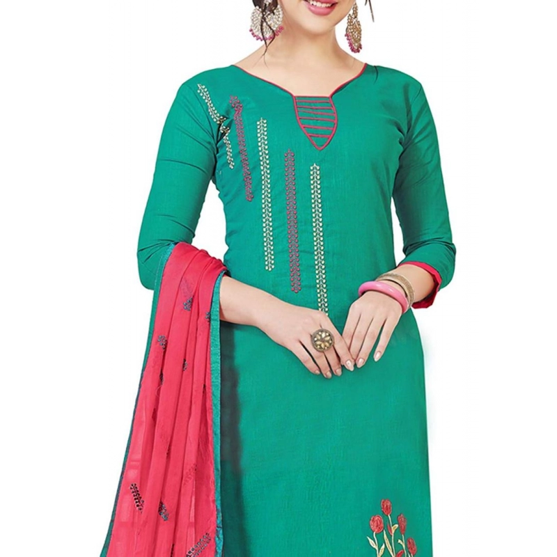 Women's Slub Cotton Unstitched Salwar-Suit Material With Dupatta (Turquoise, 2 Mtr)