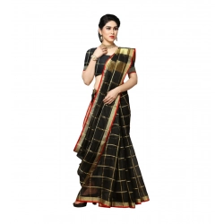Generic Women's Kota Doria Cotton Saree With Blouse (Black,6-3 Mtrs)