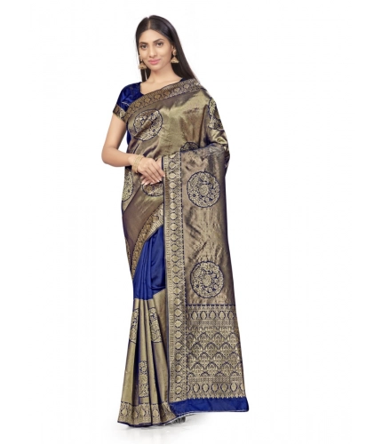 Generic Women's Banarasi Silk Saree (Navy Blue,5-6 Mtrs)