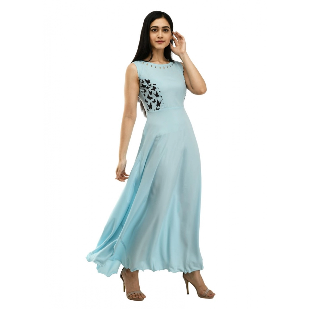 Generic Women's Crepe Solid Sleeveless Full Length Gown(Light Blue)