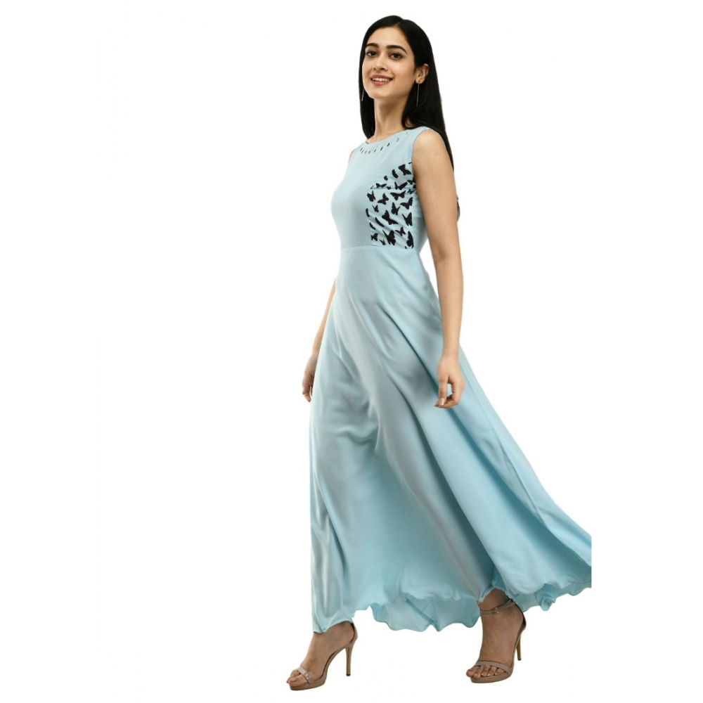 Generic Women's Crepe Solid Sleeveless Full Length Gown(Light Blue)